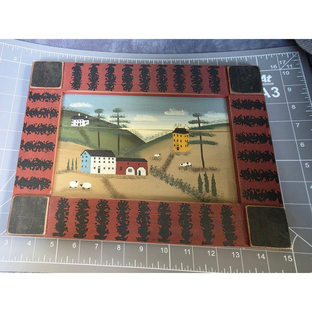 Vintage Primitive Folk Art Hand Painted Landscape Country Farmhouse Painting